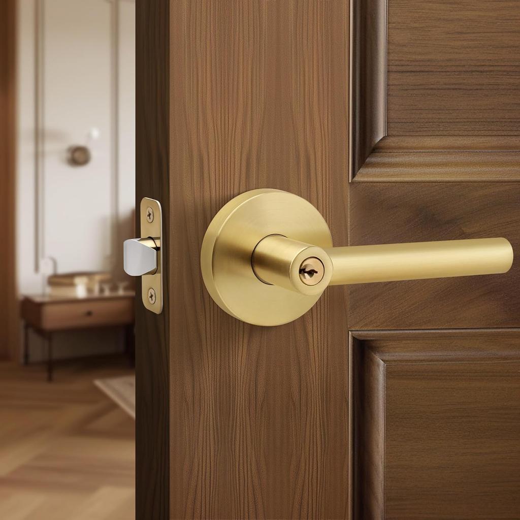 Moquin Brass Gold Heavy Duty Round Design Door Lever, Keyed Entry Door Handle in Gold, Reversible Door Lock for Front Entrance Door