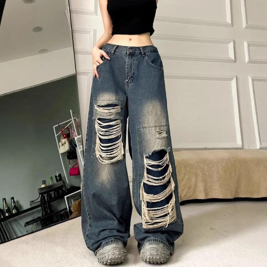 Women's High Waist Distressed Wide Leg Jeans Retro Streetwear Baggy Denim Pants