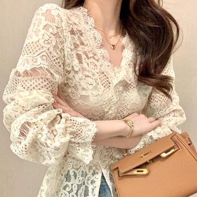 French Lace Top Women's V-neck Short Slim Hollow Lace Shirt
