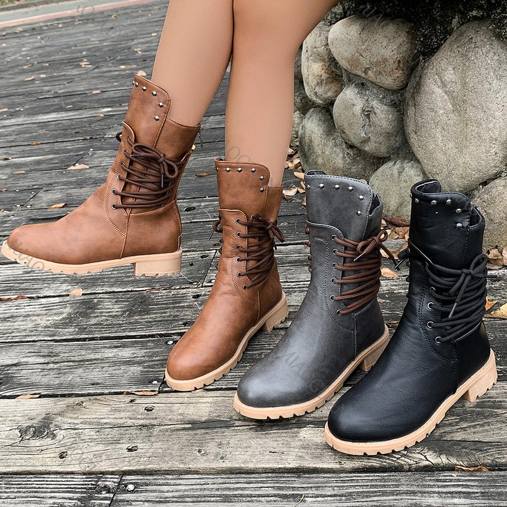 Fashion Short Boots Women Autumn and Winter New Retro Rivets Knight Boots Female Lace Up Thick Low Heel Round Head Solid Bota Feminina