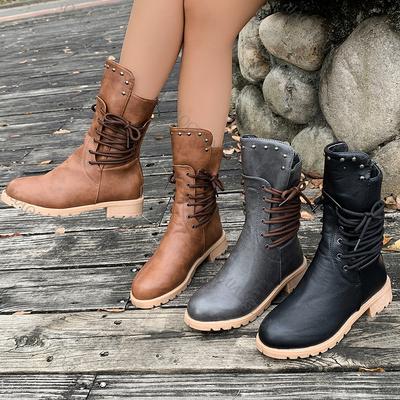 Fashion Short Boots Women Autumn and Winter New Retro Rivets Knight Boots Female Lace Up Thick Low Heel Round Head Solid Bota Feminina