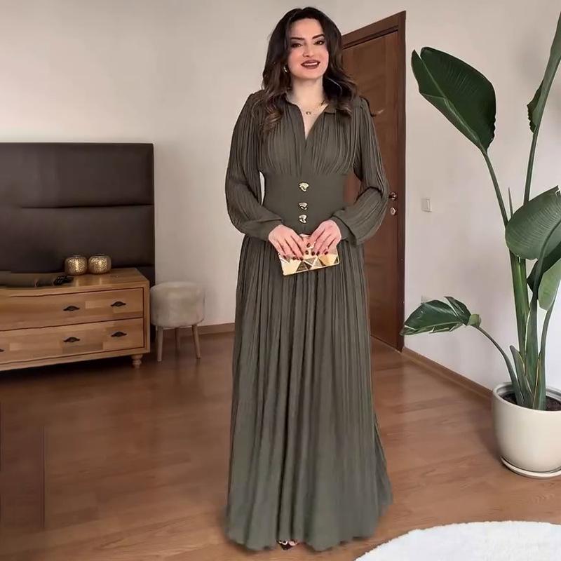Women's Fashion Solid Color Long Sleeve Polo Collar Button Pleated Dress