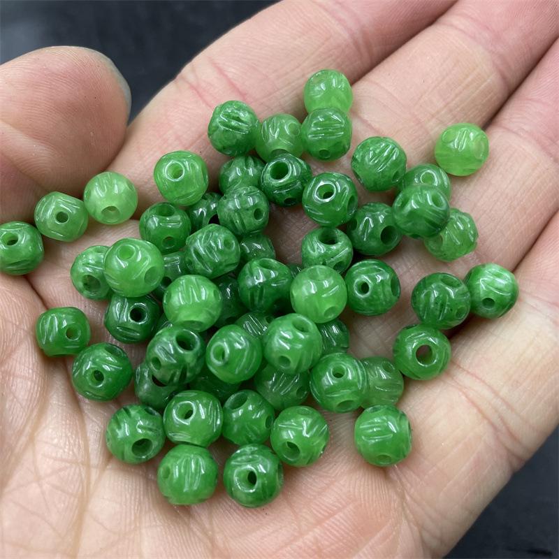 Green Ganqing Emerald Carved Coin Beads, 8mm Hollow Round Loose Beads.