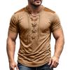 Men's Vintage V-Neck Shirt with Button Placket Short Sleeve Casual Summer Top