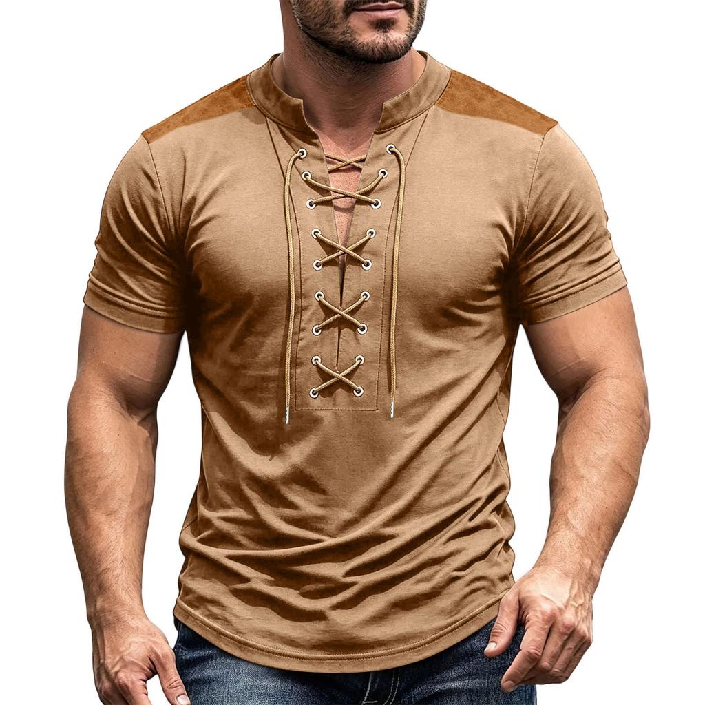 Men's Vintage V-Neck Shirt with Button Placket Short Sleeve Casual Summer Top