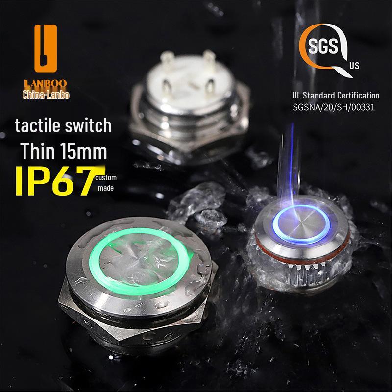 Lanbo Metal Tactile Push Button Switch, 16-22mm, High Current, Momentary, IP67, Lighted Reset.