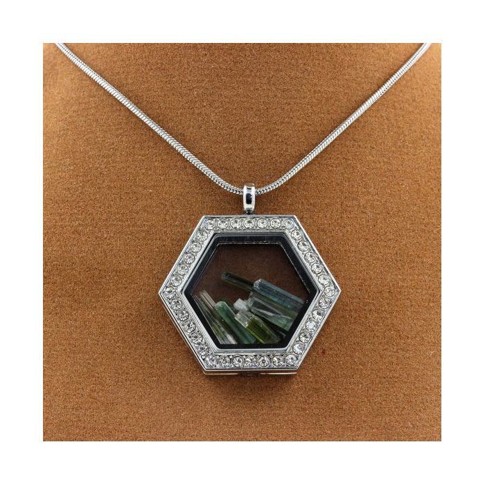 Stones and Minerals. Raw Green Tourmaline Necklace. Hexagon Model.
