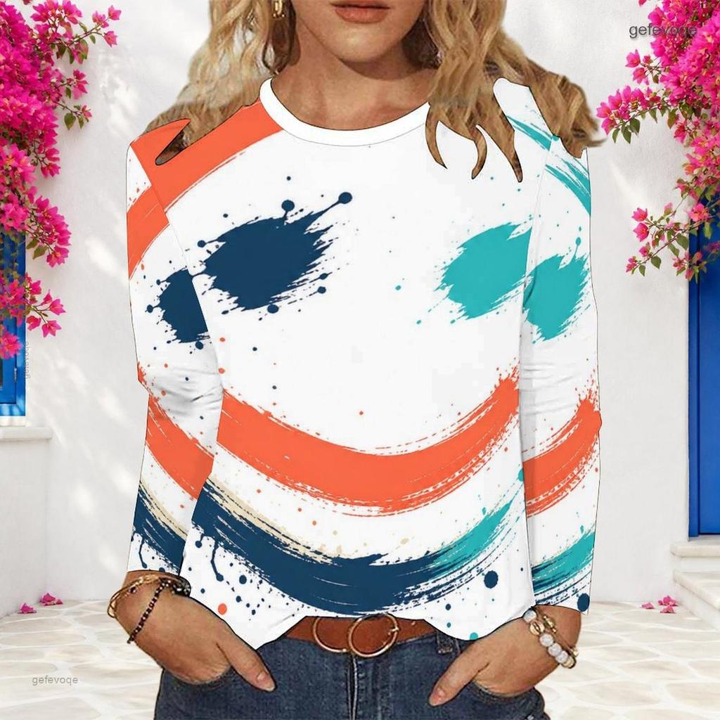 Women Plus Size White Abstract Printed Round Neck Long Sleeve Pullover Sweatshirt