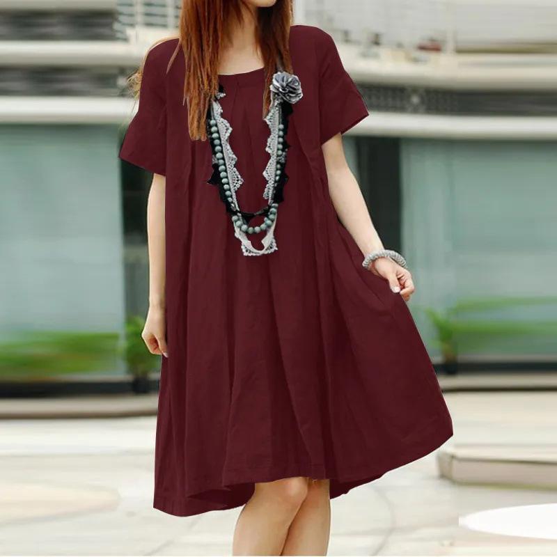 Women's Mid-length Dress Fashion Loose Pleated Round Neck Short-sleeved Dress