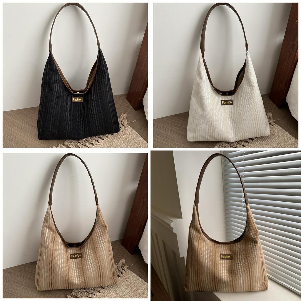 2024 Simple New Casual Winter Striped Nylon Stylish Large Capacity Single Shoulder Tote Bag Women
