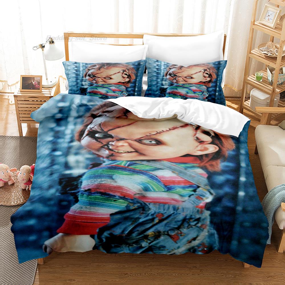 Juego de ropa de cama Chucky para cama individual, doble, queen o king size. Juego de funda nórdica para dormitorio de adulto o niño. Diseño 3D de Halloween.