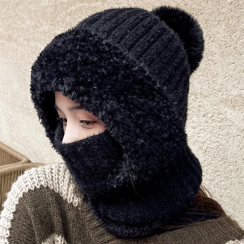 2-in-1 Women Winter Knitted Balaclava Hat Scarf Plush Fleece Lined Neck Warmer Windproof Outdoor Skiing Cycling Hooded Beanie