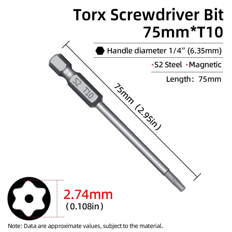 75mm Magnetische Torx Schraubendreherbits Security Manipulationssicherer Bit T6-T40 Hohlkopf Pflaumenblütenkopf S2 1/4'' Sechskant Hand Elektrowerkzeuge