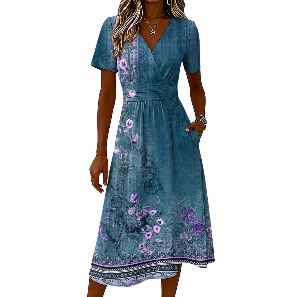 Damen-Kleid mit Blumenmuster, lässig und modisch, kurzärmelig, V-Ausschnitt