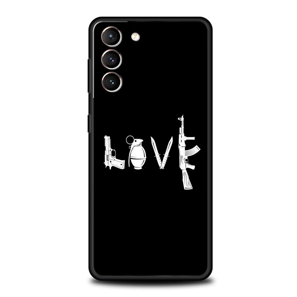 AK47 Handgun Gun BUllets Phone Case For Samsung Galaxy S23 Ultra S22 S21 S20 FE 5G S10 S10E S9 S8 Plus Note 20 Soft Black Cover