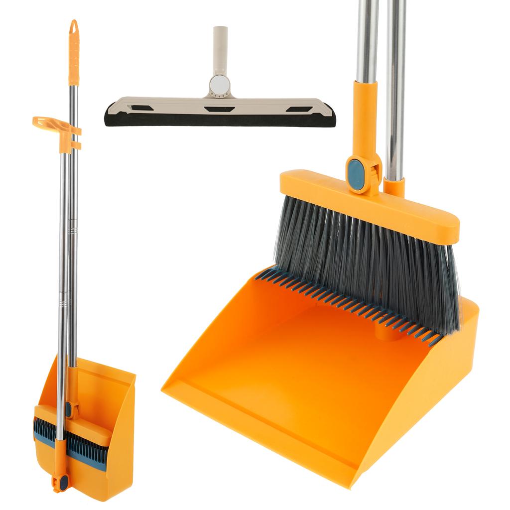 3Pcs Household Broom And Dustpan Set 180° Rotating Floor Sweeping Set with Long Handle Foldable Stand Dustpan and Broom Combo