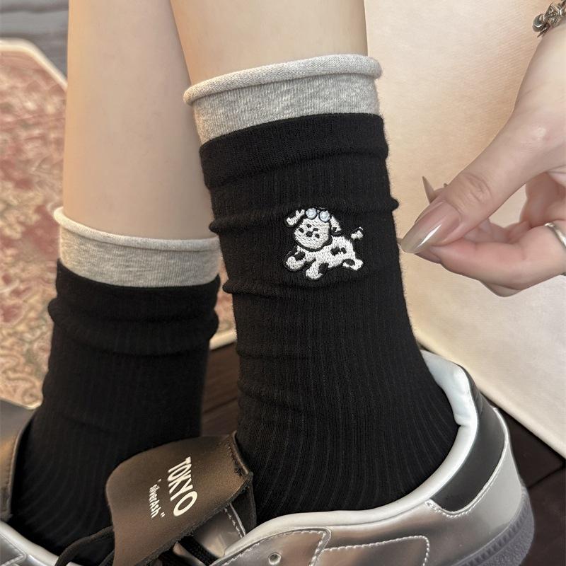 

Contrasting Color Double-Mouth Cartoon Puppy Embroidered Socks Vertical Tube Socks Middle Tube Socks College Style Outside Wear Boneless Pile Socks One size fits all чорний