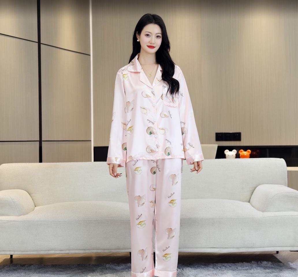 

Пижамный комплект Ice Silk для женщин с длинными рукавами - кардиган из искусственного шелка, размер плюс, повседневная домашняя одежда на осень 3XL