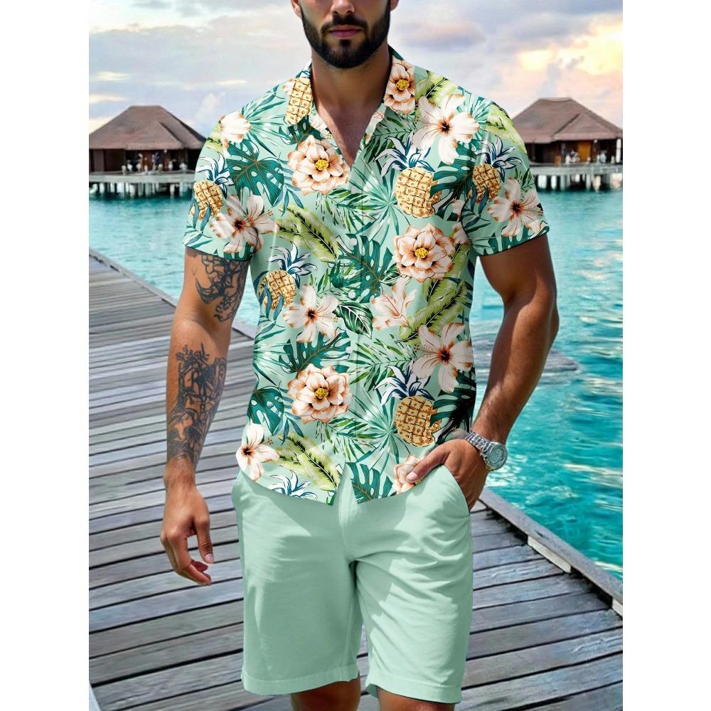 Ananas Blumenprint Hawaiianisches Herrenhemd und Shorts Zweiteiliges Set Lässiges Urlaubs-Herrenhemd-Set Kurzarm Hemd mit Knöpfen