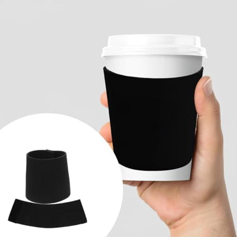 HYTROVE Wiederverwendbare Neopren Kaffeehüllen 2 Stück Isolierhülle für Heiß und Kaltgetränke Rutschfeste Trinkbecher Abdeckung in Schwarz für Alltag