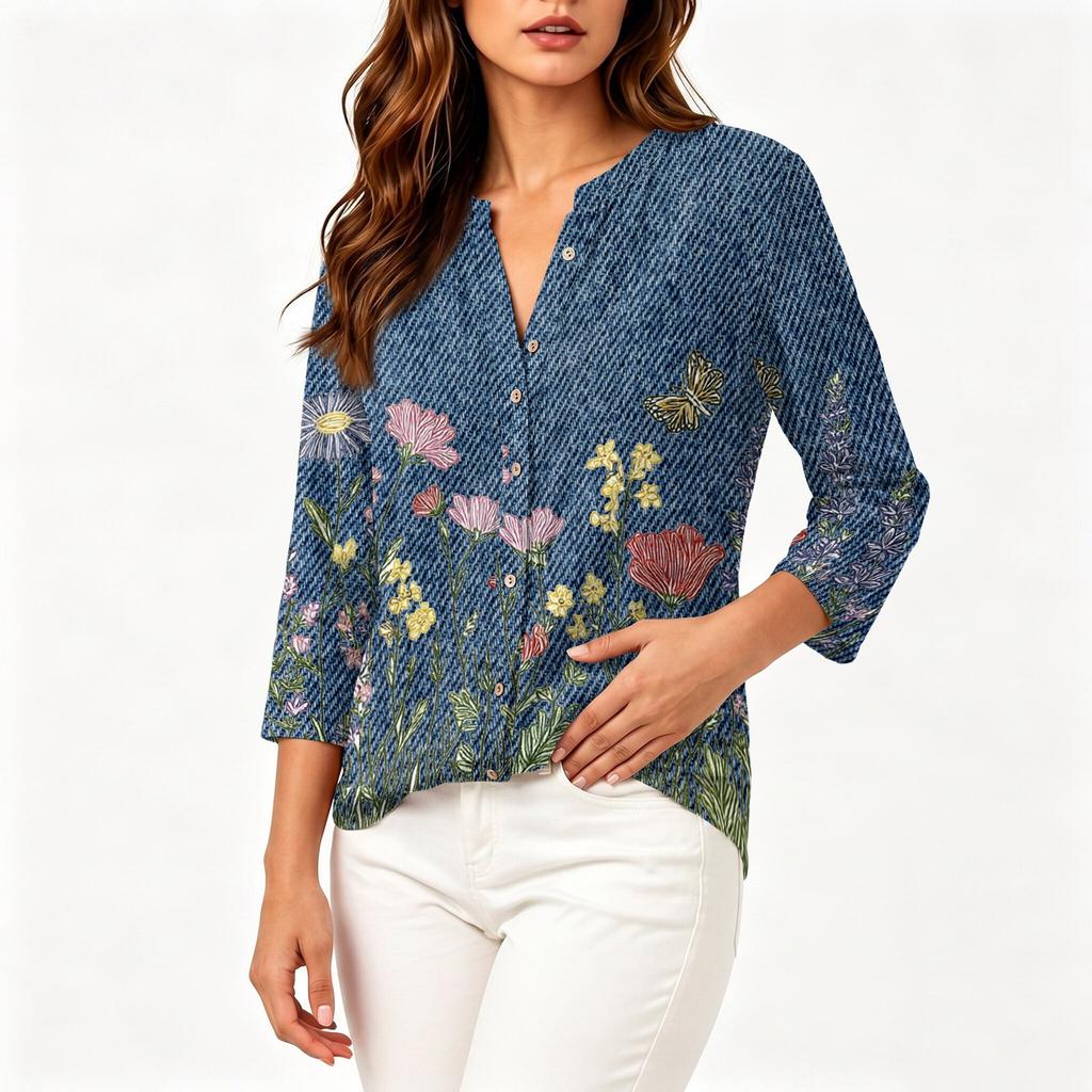 Women's Vintage Floral Print Henley Button Neck Three Quarter Sleeve Linen Cotton Blouse Casual Loose Fit Shirt for Everyday Wear