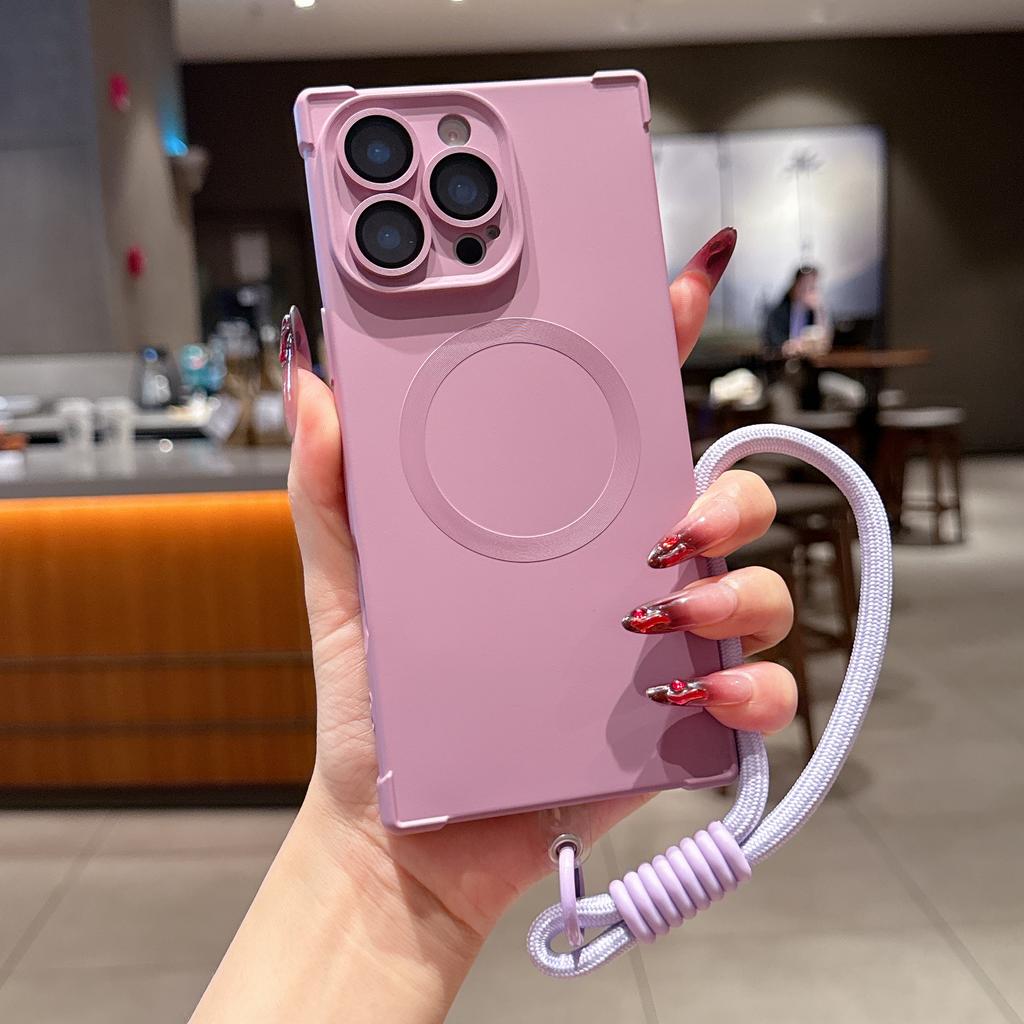 Matte Soft Silicone Square Shockproof Case for iPhone 16 15 14 Plus 13 Pro Max Magnetic Wireless Charge Lanyard Rope Strap Cover