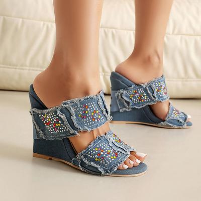 Übergröße Denimstoff Strassbesetzt Ultrahoher Keilabsatz Peep-Toe Mode-Slipper Flachsohliger Höhenverstärkender Slipper