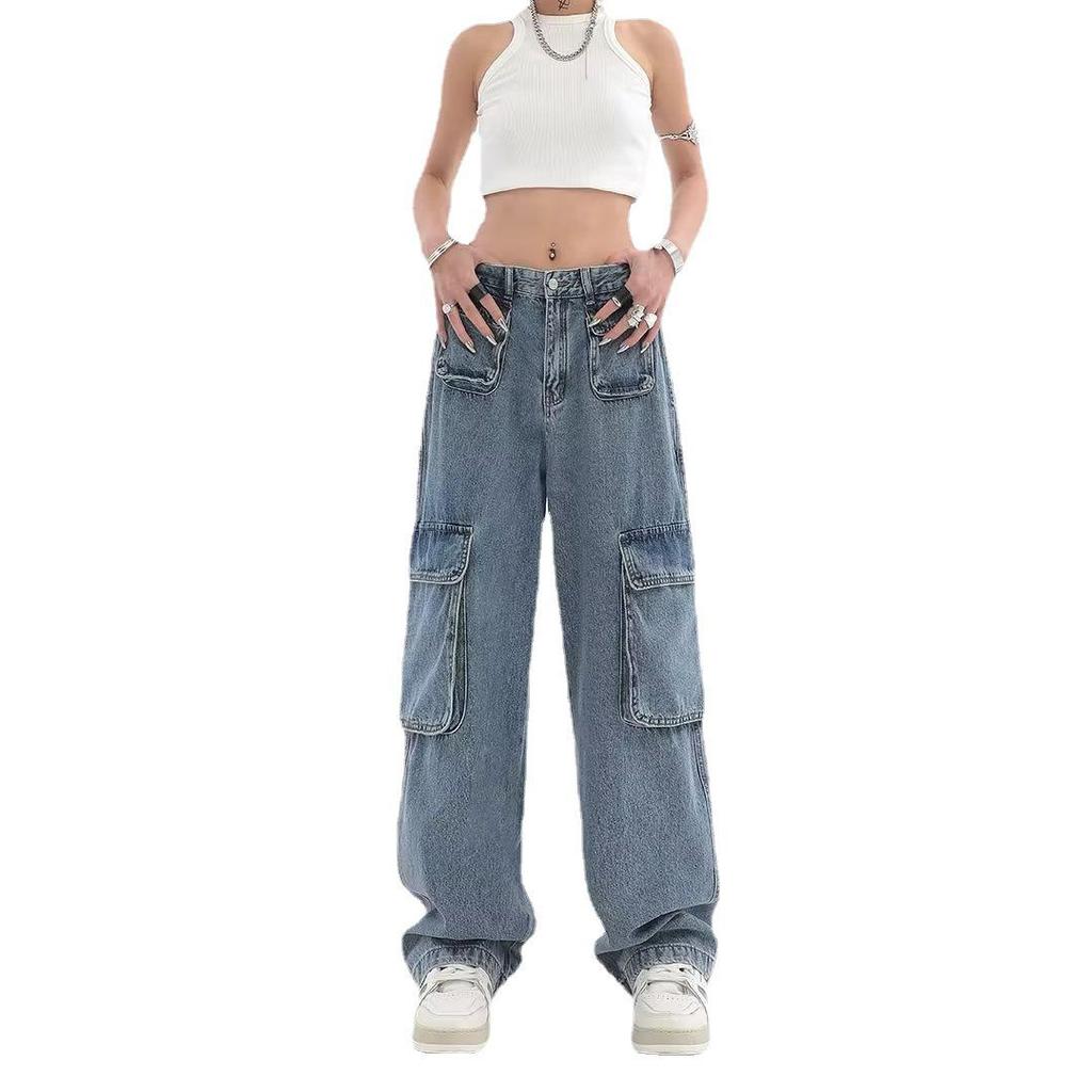 Women's American Hip-Hop Multi-Pocket Wide-Leg Jeans - Loose Fit, Straight-Leg Trousers