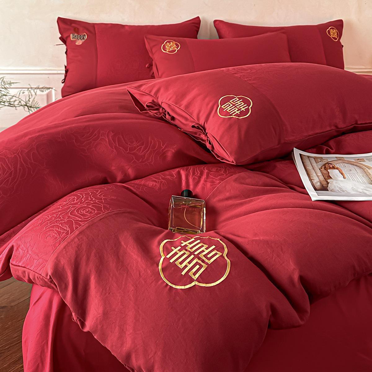 

Red Chinese Wedding Bedding Set: Bridal Duvet Cover, Fitted Sheet, and Happy Quilt for Dowry 1.5m Bed Flat Sheet Set for 200x230cm Duvet