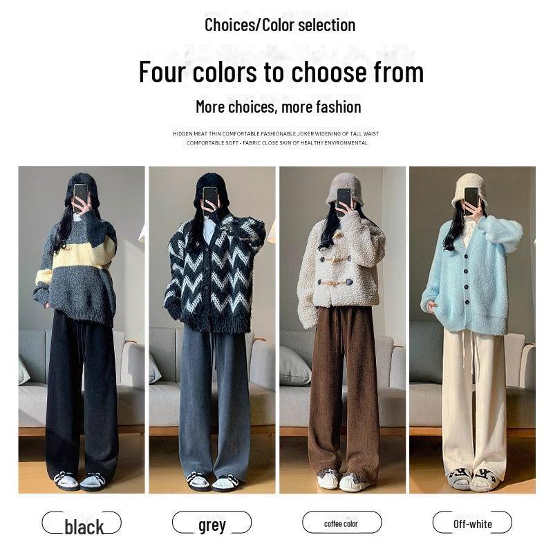 Pantalones de Café de Pierna Ancha y Cintura Alta para Mujer - Versátiles para Primavera, Otoño e Invierno con Terciopelo Plus, Corte Holgado, Estilo Casual Drapeado.