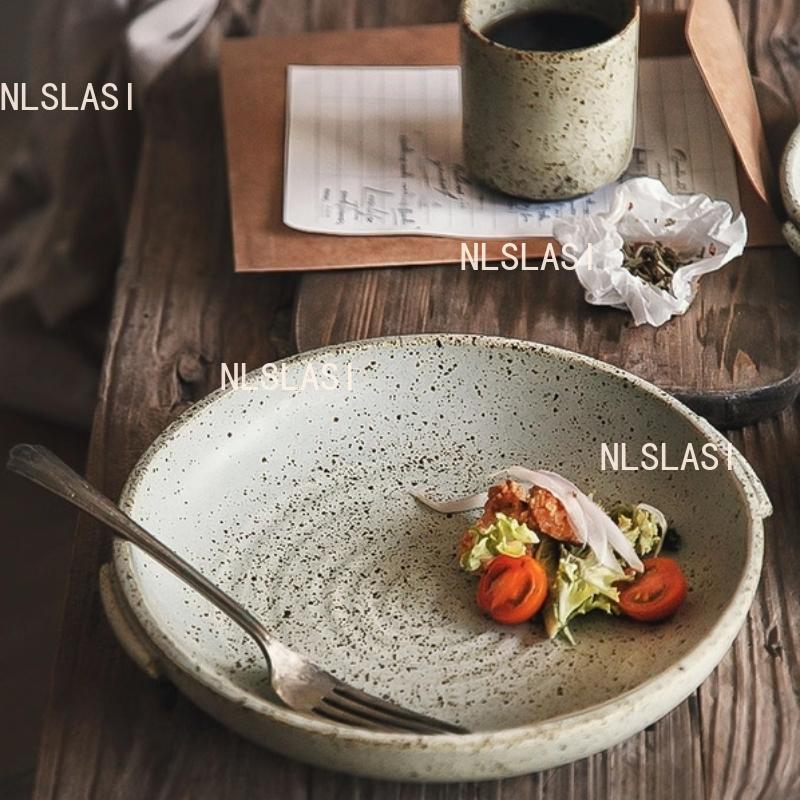 Double Ear Circular Dessert Plate Japanese Style Household Deep Plate Coarse Pottery Sushi Plate Household Tableware