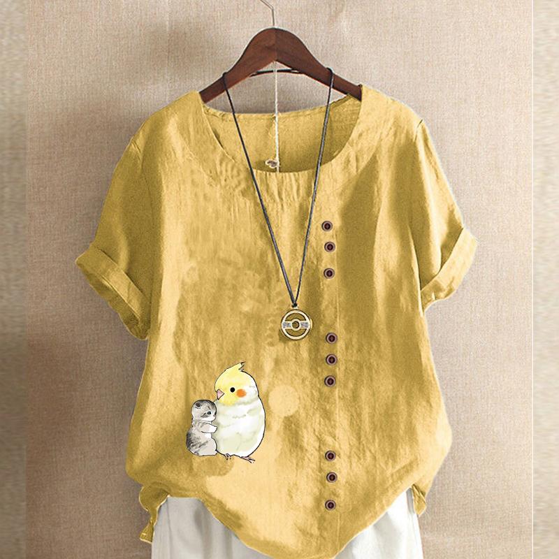 Women's Fashion Cat Parrot Prined Round Neck Short Sleeve T-shirt Casual Cotton Linen Graphic Shirt Leisure Loose Summer Blouse Tops Plus Size