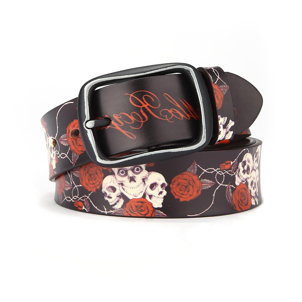 Printed Graffiti Leather Belt, Rose Skull Design, Personalized Male and Female Cowhide Leather Belt