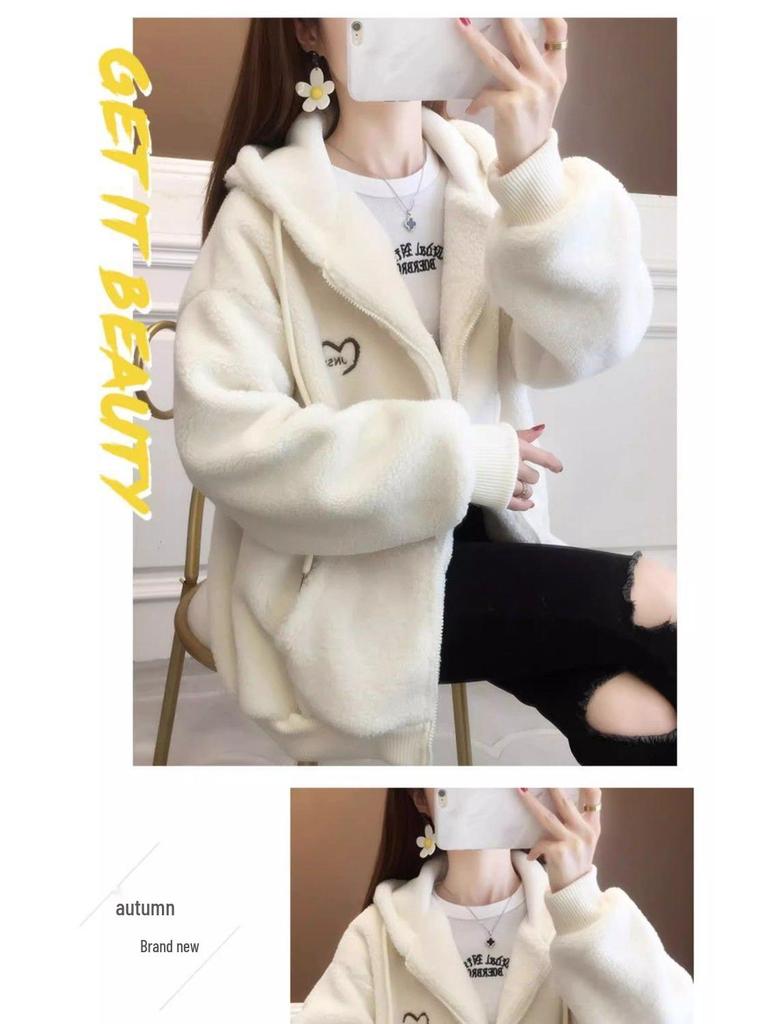Women's Hooded Fleece Jacket 2025: Thick Lambswool Cardigan for Autumn/Winter