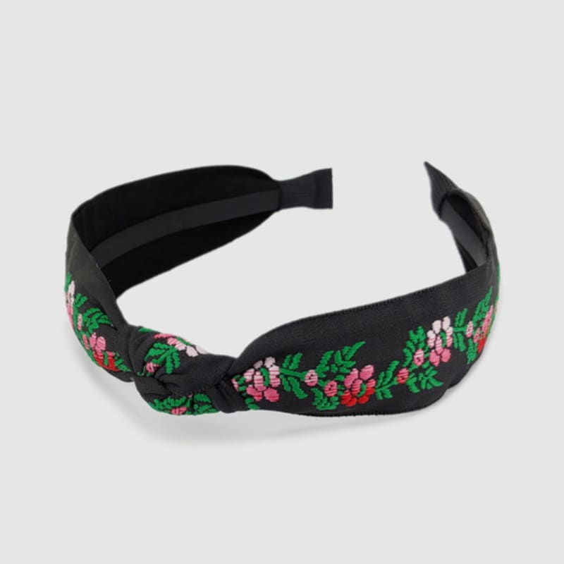 LALA Grünes Blumenbesticktes Knoten-Haarband