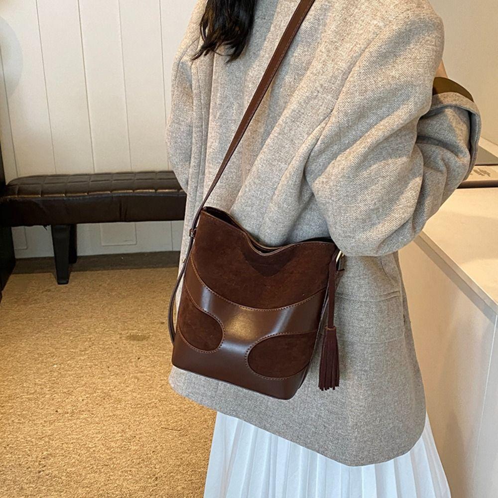 Shoulder Bag Faux Suede Bucket Bag Handbag Solid Color Tote Bag Trendy Slouchy Hobo Bags Girls