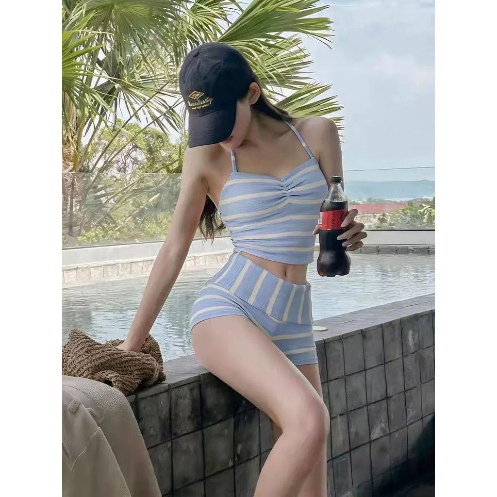 Swimsuit 's split striped vacation style slim fit conservative neck bikini beach hot spring swimsuit