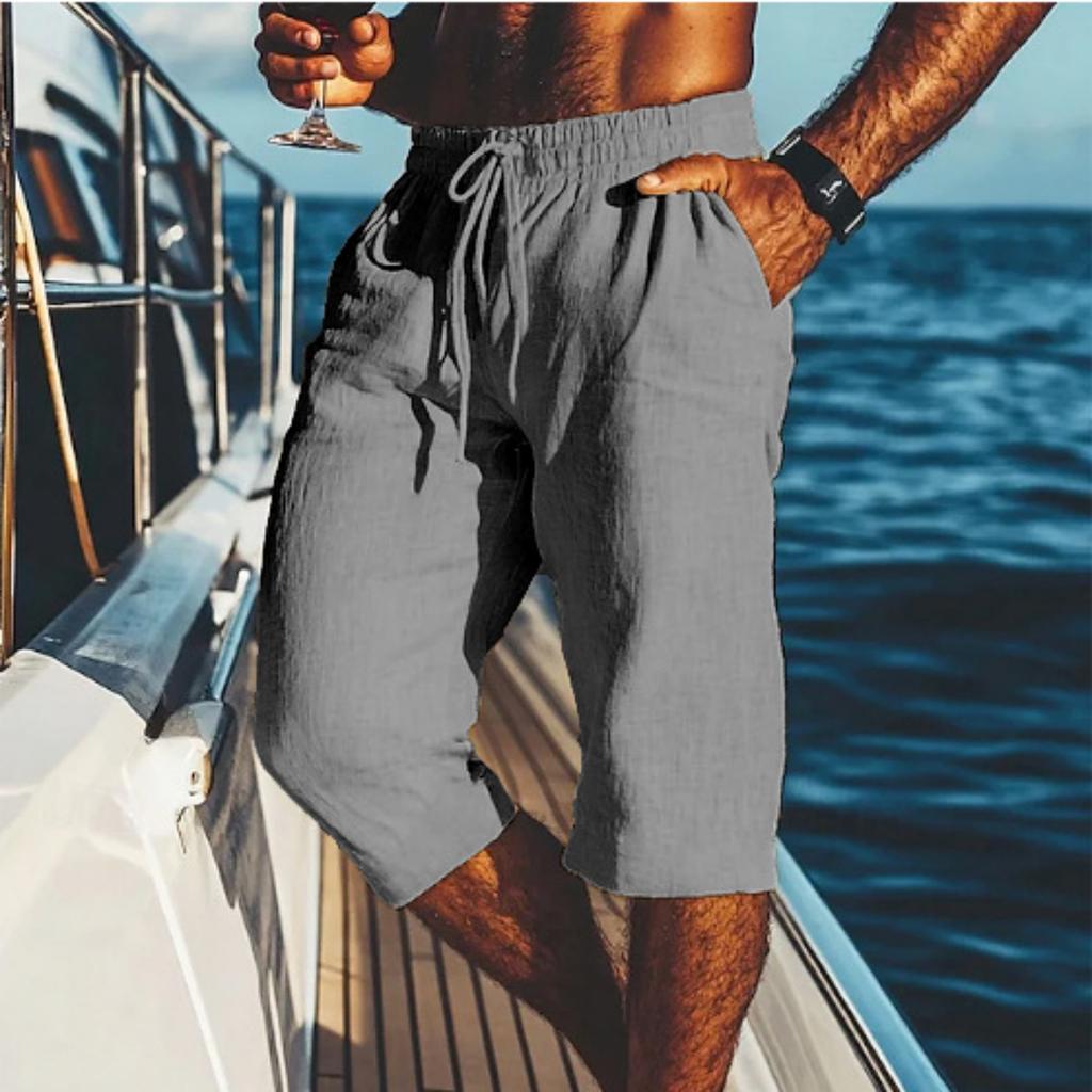 Men's -color Casual Cotton And Linen Loose-fitting Seven-inch Shorts