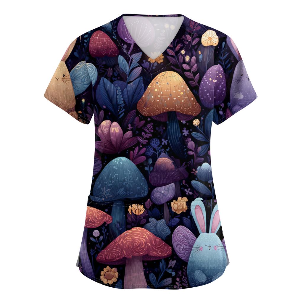 Women's Fashion V-Neck Short-Sleeved Workwear With Pockets Easter Print Top Caregiver Uniform