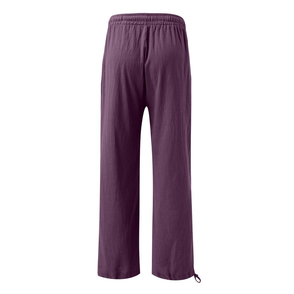 Zomer Katoenen Linnen Wijde Pijpen Broek Vrouwen Losse Palazzo Broek Zak Elastische Taille Knoop Casual Broek