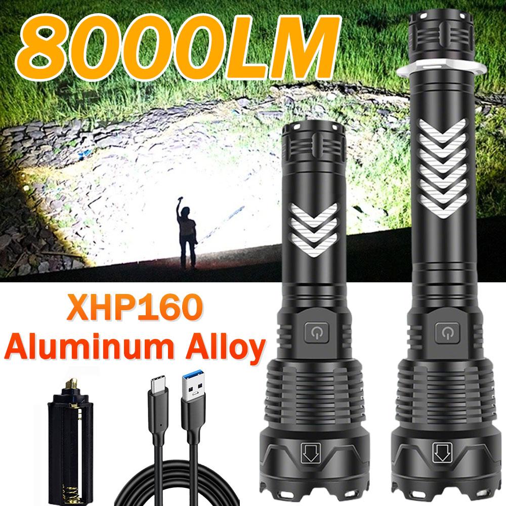 Waterproof Super Bright XHP160 LED Flashlight High Power Torch 5 Modes USB Rechargeable Lantern Emergency Spotlights