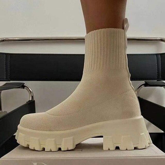Dámské kozačky Podzimní Zimní kozačky Nazouvací Ponožkové boty Dámské Platformové kozačky na podpatku Pletené Kotníkové kozačky Dámské