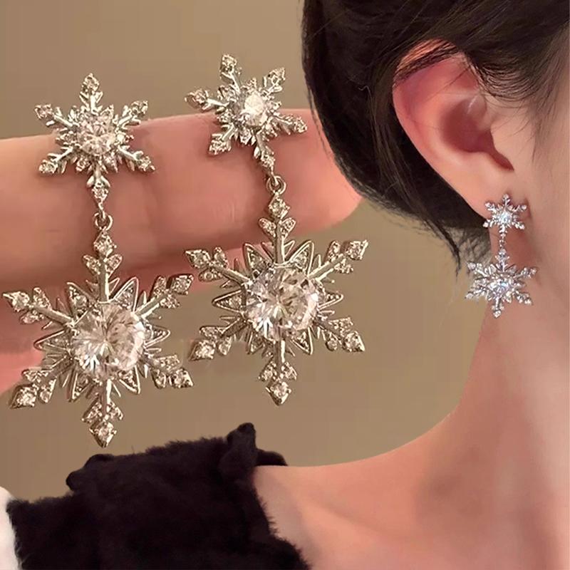 Sparking Double Snowflake Earrings for Women Shiny Crystal Imitation Pearl Exquisite Earring Christmas New Year Party Jewelry