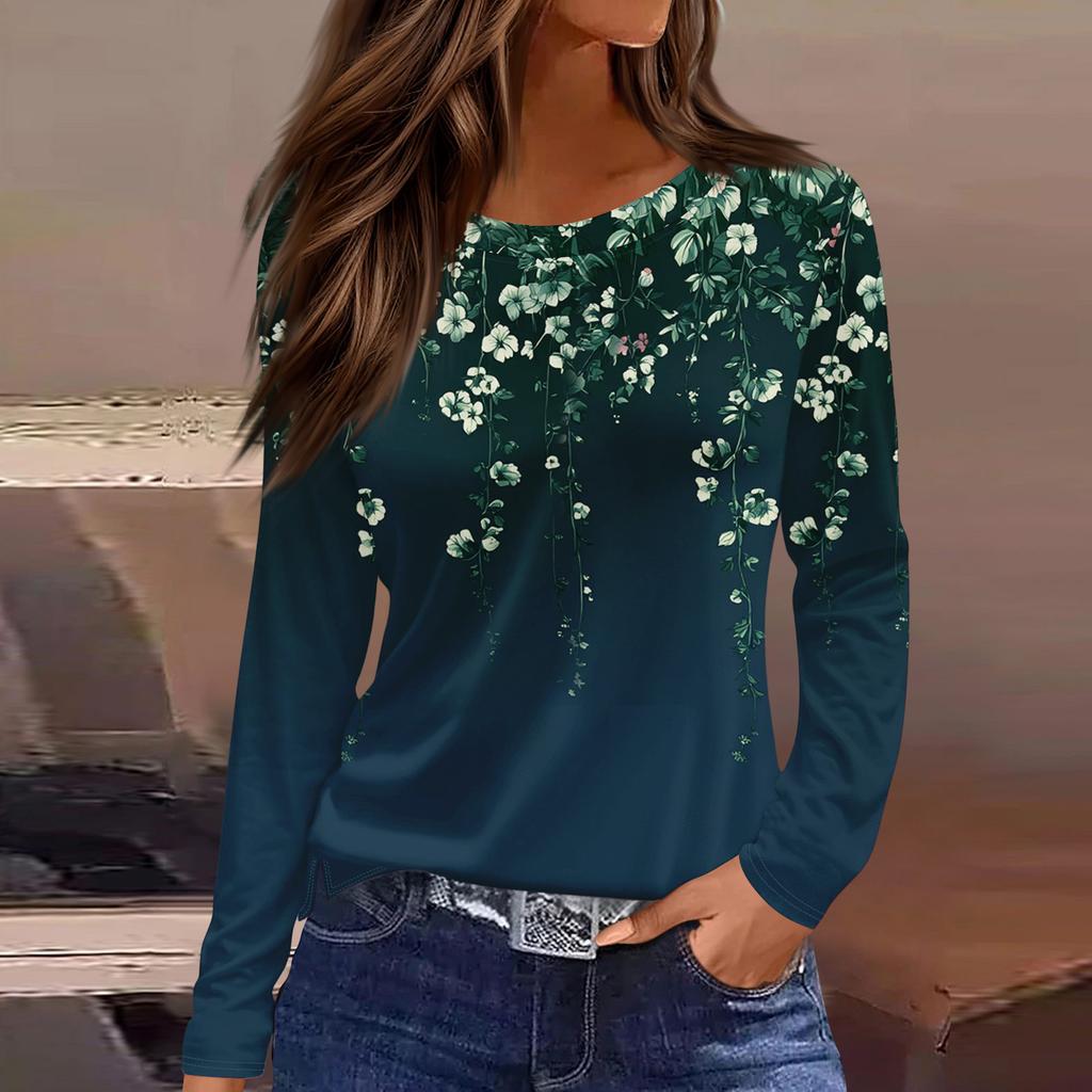 Women's Fashion Casual Slit Hem Round Neck Long Sleeve Loose Printed T-Shirt Ladies Top Christmas