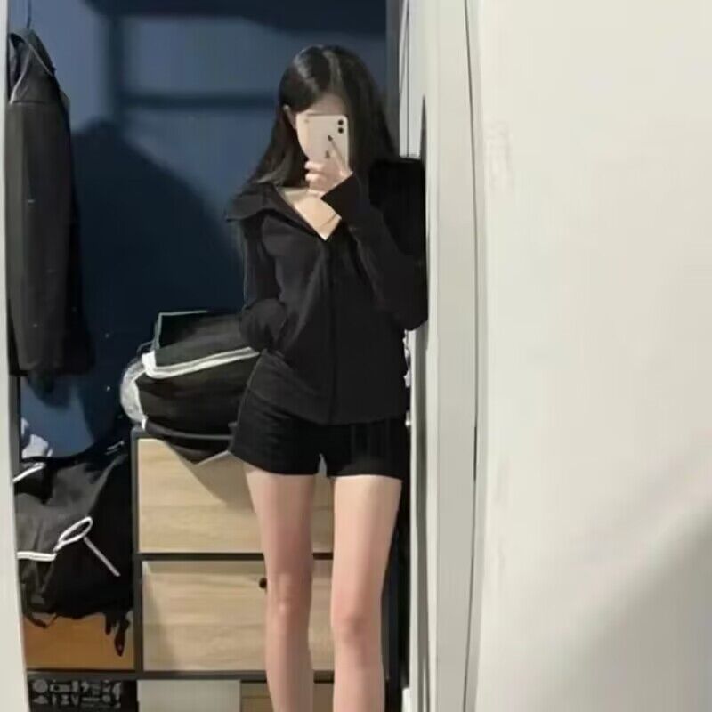 Vintage Cropped Hoodies Women Korean Style Streetwear Grey Zip Up Hooded Sweatshirt Casual Slim Hood Shirt