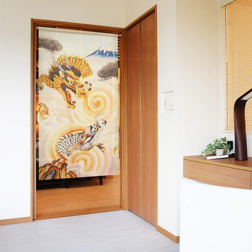 Noren Kobo Noren Lucky Charm Series Checkered Lace Print Lucky God Two Dragons and Mount 85cm Wide X 150cm 93451 Half-Mare Curtain, Design, Fuji,