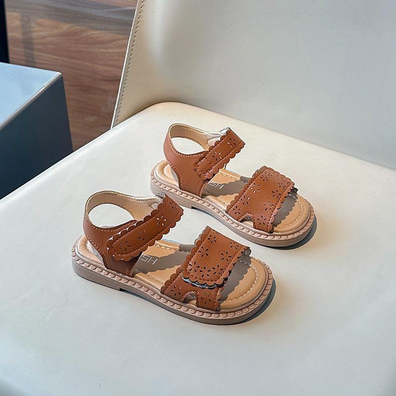 Korean Style Hollow Floral Princess Sandals, Summer Open Toe Leather Shoes for Baby Girls