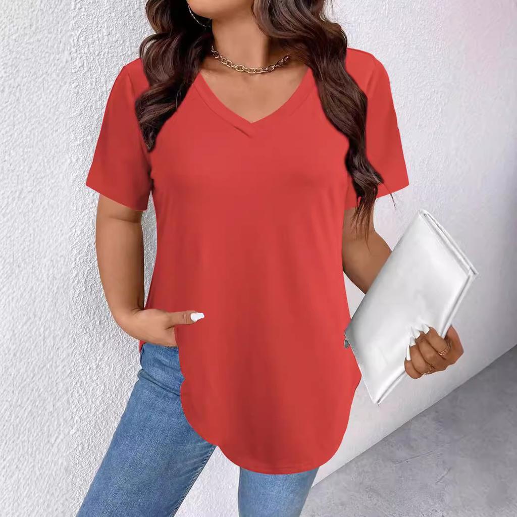 Women's V Neck Short Sleeve Tunic Top Loose Fit Casual Style Polyester Solid Color Curved Hem Long Tee Plus Size Summer Shirt