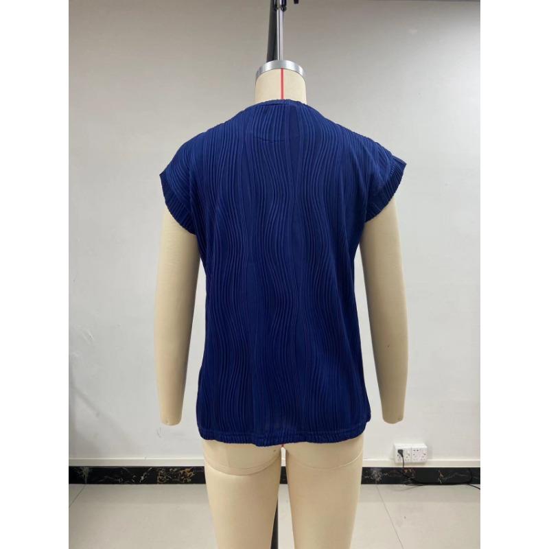 Round Neck Short Sleeved Textured T-shirt Top for Women