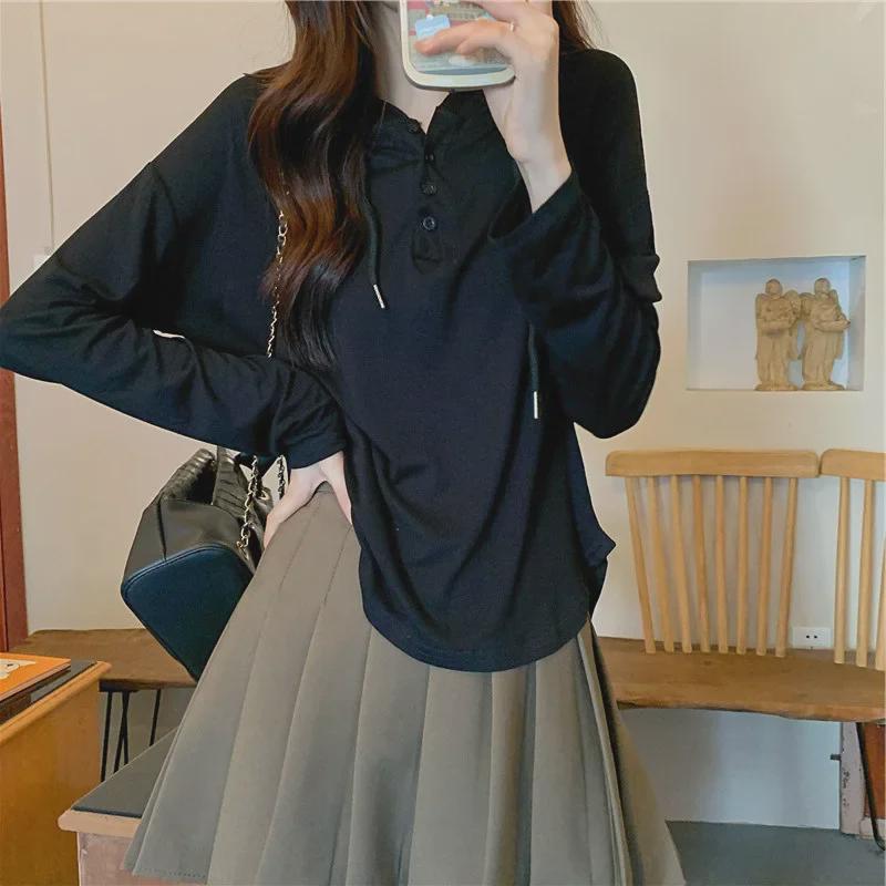 Dámské trendy tričko s dlouhým rukávem v jednobarevné variantě - Korejský styl pro jaro a podzim